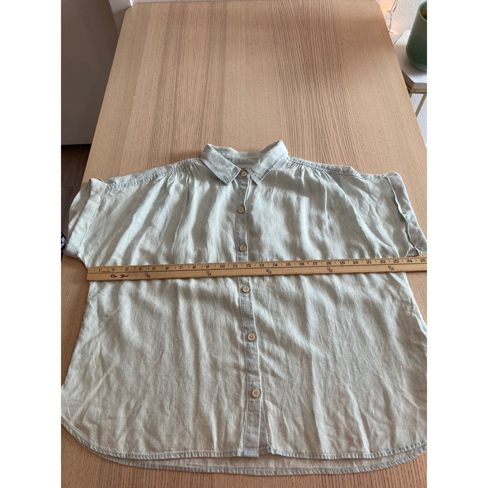 NWT Faherty Shirt Women M Blue Indigo Dyed Linen Tencel Short Sleeve Button Down - Picture 6 of 8